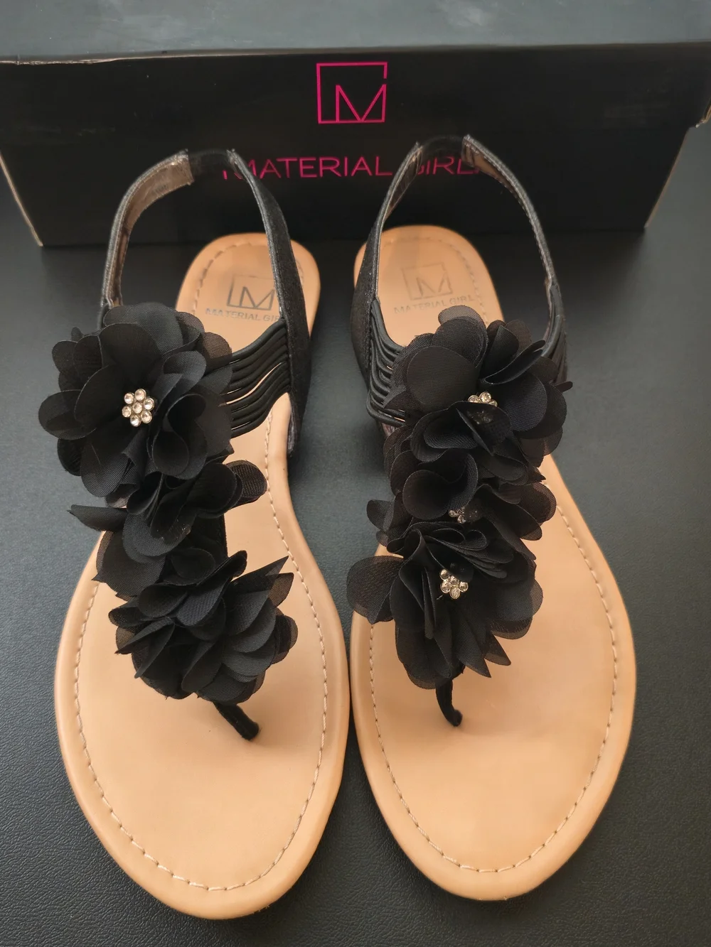 Material Girl Black Floral T-Strap Slingback Sandals